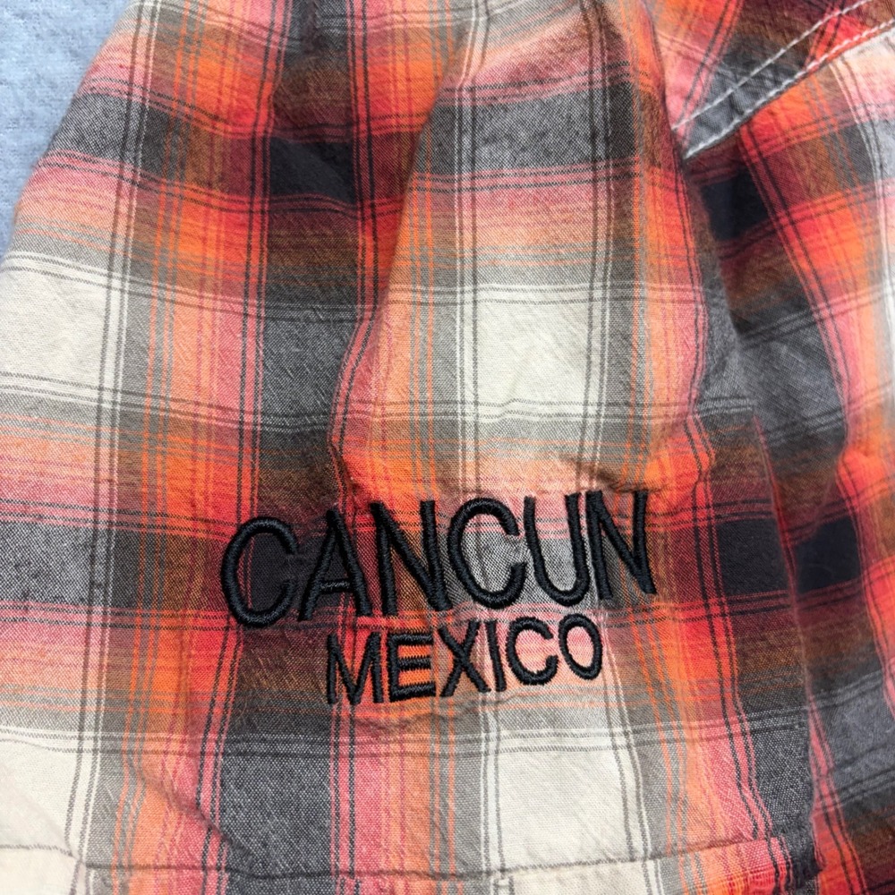 Harley-Davidson Cancun Mexico Plaid Button Up Shirt Mens XL Orange Distressed - Picture 4 of 8